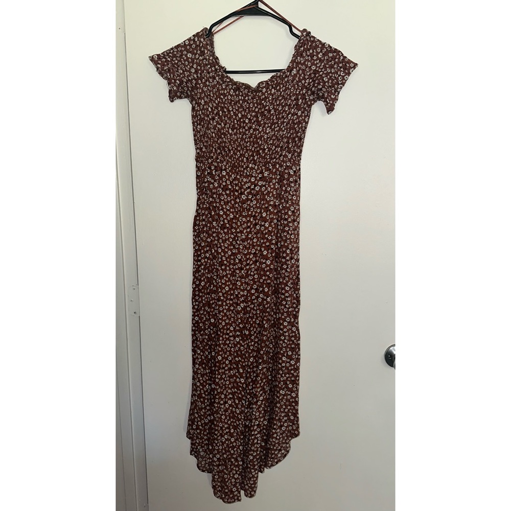 Francesca’s Dark Orange Floral Romper - Ribbed Top - Flowy Bottoms